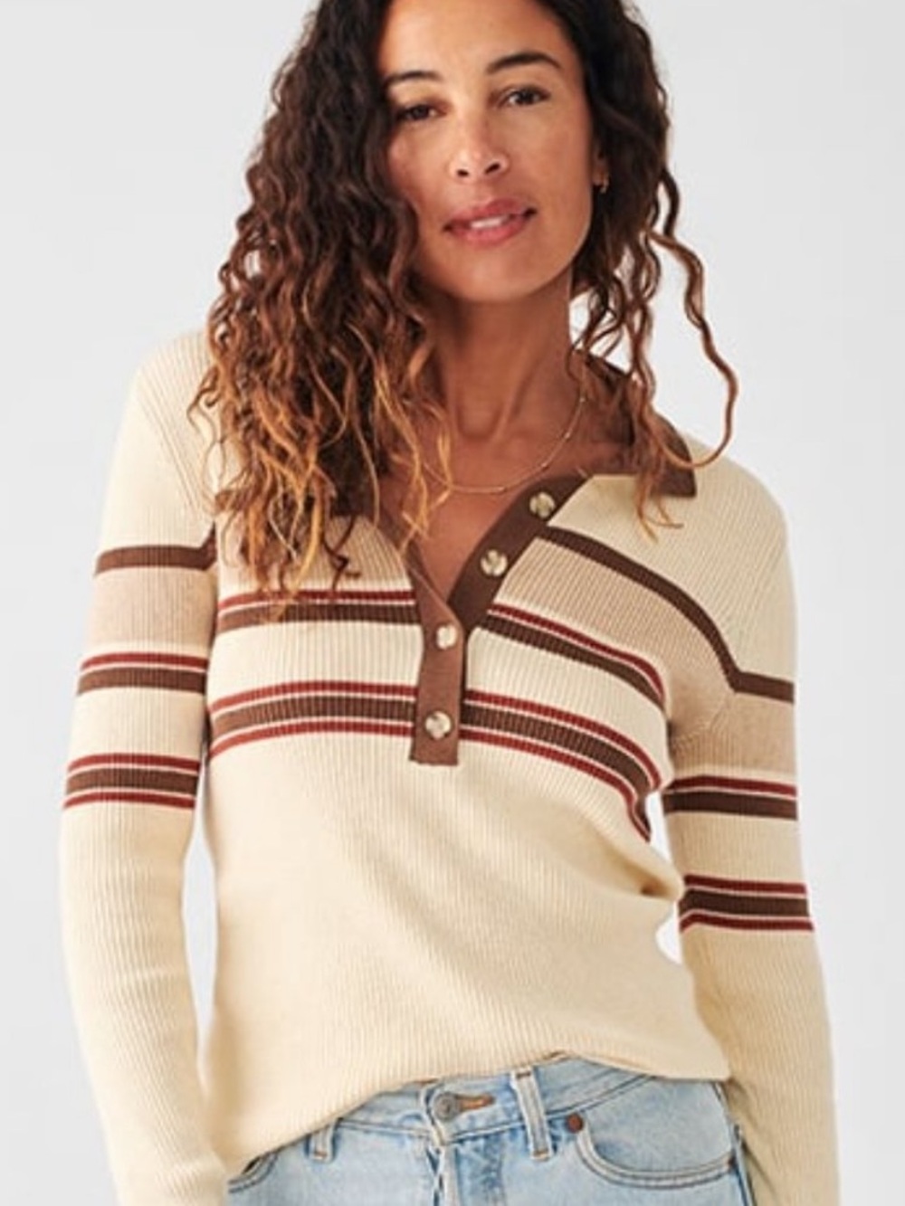 Faherty Retro Fall Stripe Ribbed Cotton Cashmere Long Sleeve Mikki Polo Top Sz M